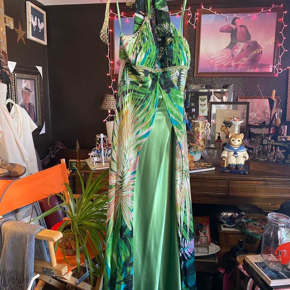 Tropical Silk Green Halter Maxi Dress by Nina Austin